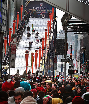 Fans swarmed Super Bowl Boulevard in midtown Manhattan last week. (Bebeto Matthews/AP)